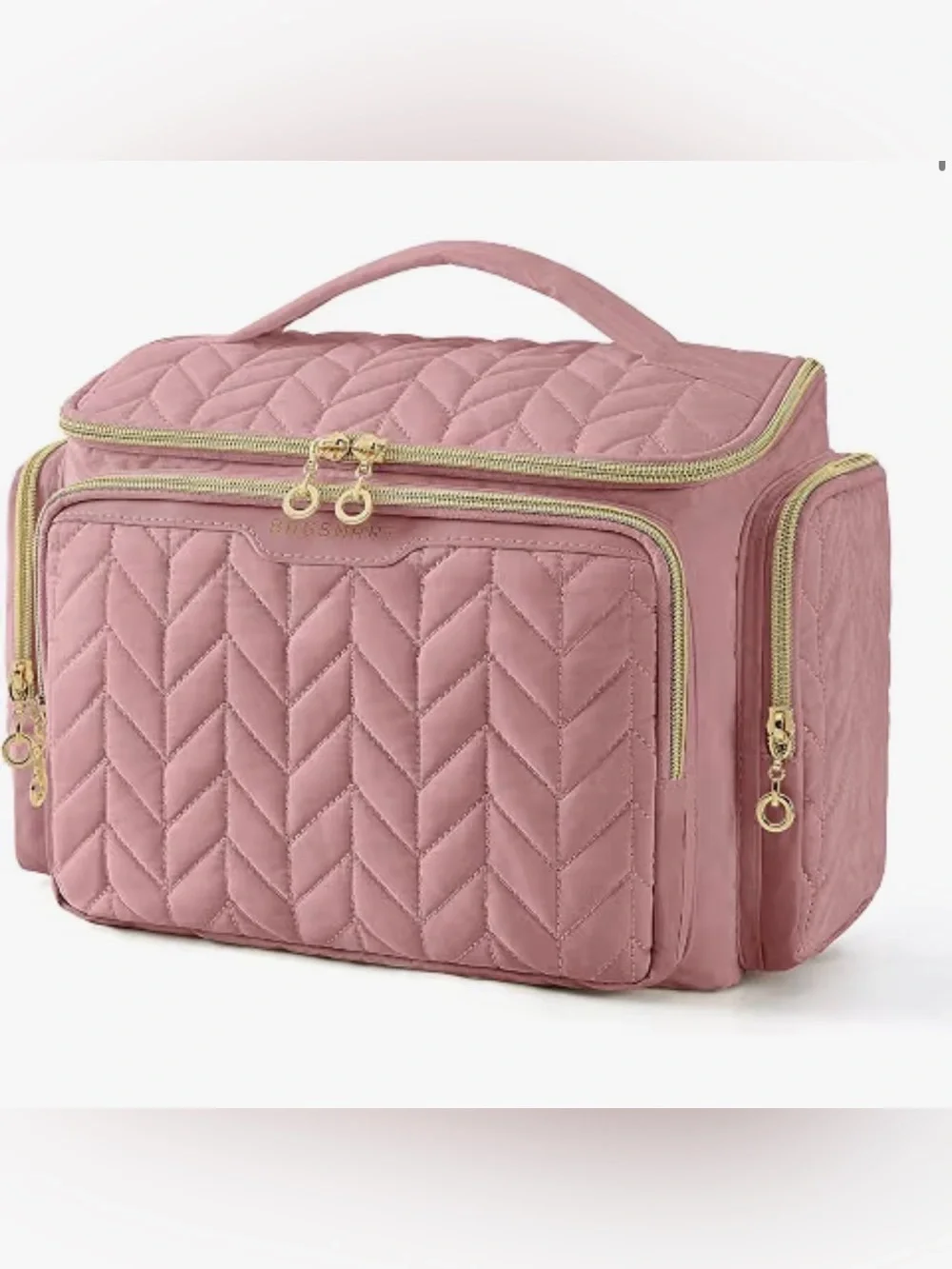 Quilted Pink Cosmetic Travel Organizer Bag with Gold Zipper